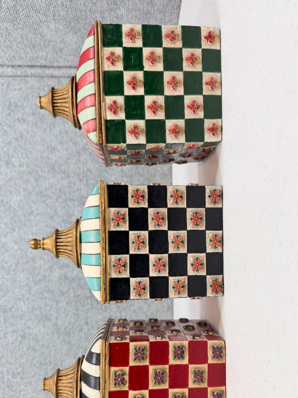 Set of 3 Whimsical Checkerboard Floral Lidded Canisters Painted Wood 8-8.5in